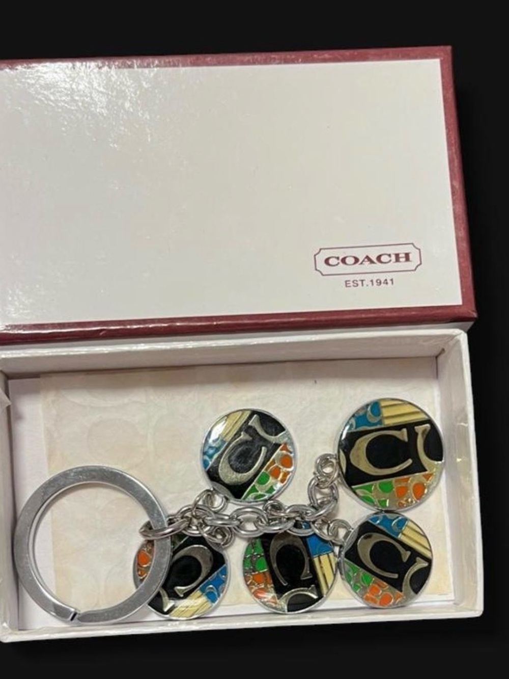 Coach Multicolor Enamel Disc Keyring with Silver Hardware